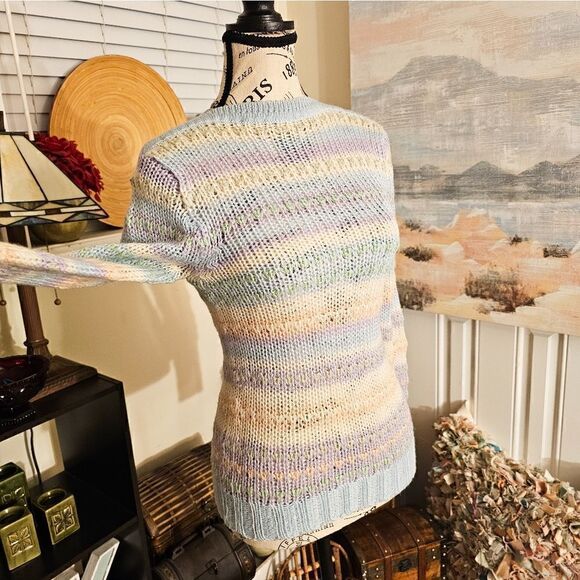 Vtg 70's Licrorice Pastel Striped Knitted Acrylic  Stylish Cozy Sweater. S fit - Picture 12 of 13
